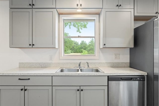 kitchen with gray cabinetry, sink, and stainless steel appliances