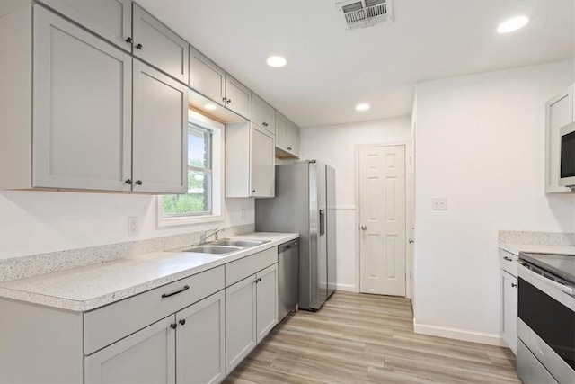 kitchen with gray cabinetry, sink, stainless steel appliances, and light wood-type flooring