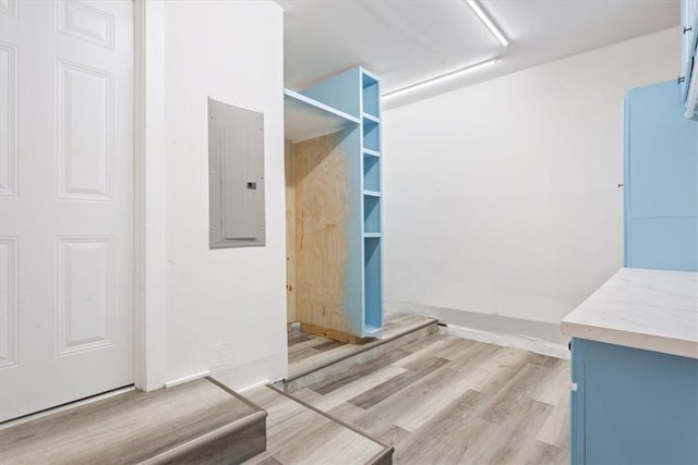 bathroom with wood-type flooring and electric panel