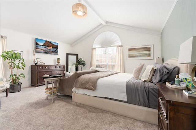 bedroom with lofted ceiling with beams, light carpet, and crown molding