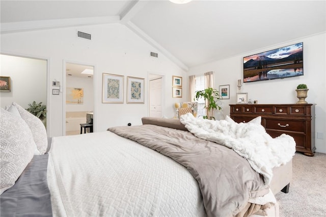 bedroom with ensuite bath, vaulted ceiling with beams, light colored carpet, and visible vents