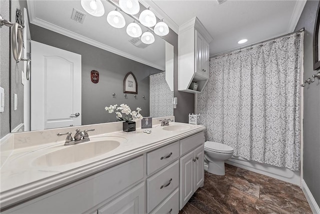 full bathroom featuring vanity, toilet, and crown molding