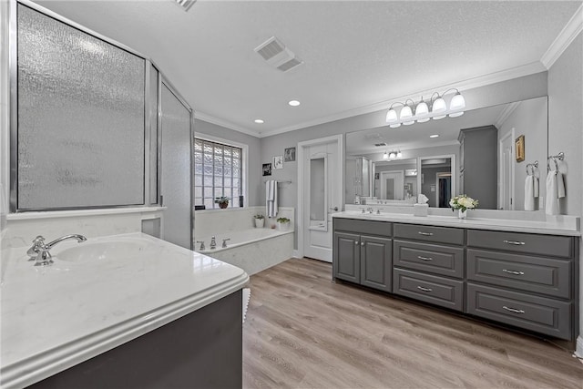 bathroom with crown molding, hardwood / wood-style floors, a textured ceiling, and vanity