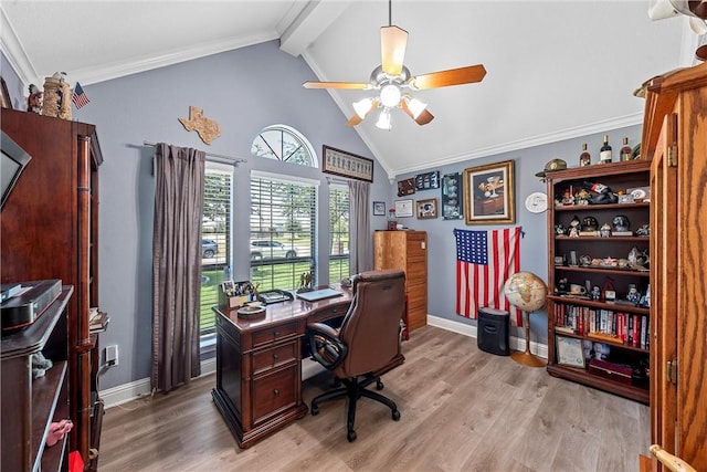 office featuring light wood-type flooring, high vaulted ceiling, ceiling fan, and ornamental molding