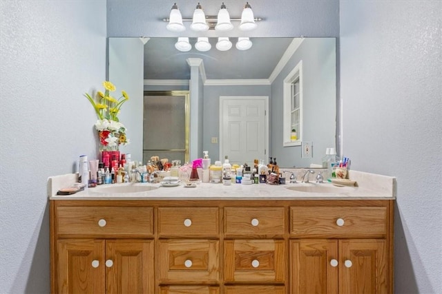 bathroom featuring vanity, an enclosed shower, and crown molding