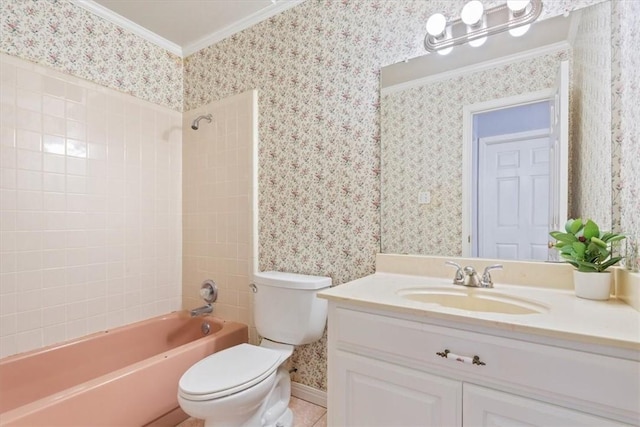 full bathroom featuring tile patterned flooring, tiled shower / bath combo, vanity, ornamental molding, and toilet