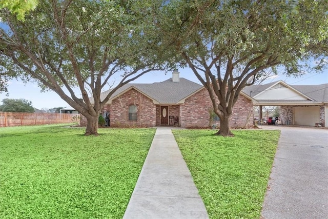 single story home featuring a garage and a front yard