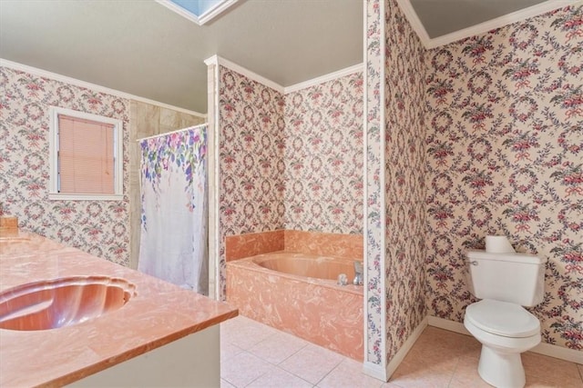 full bathroom featuring independent shower and bath, tile patterned flooring, ornamental molding, vanity, and toilet