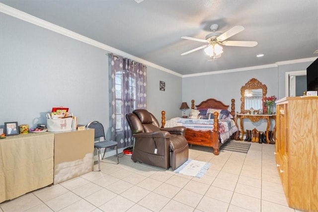 tiled bedroom with ceiling fan and ornamental molding