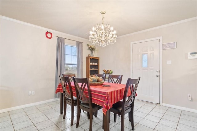 dining space with an inviting chandelier, ornamental molding, and light tile patterned floors