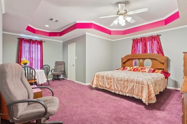 bedroom with crown molding, carpet floors, a raised ceiling, and ceiling fan