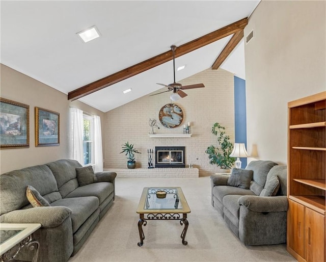 carpeted living room featuring visible vents, a fireplace, vaulted ceiling with beams, and ceiling fan