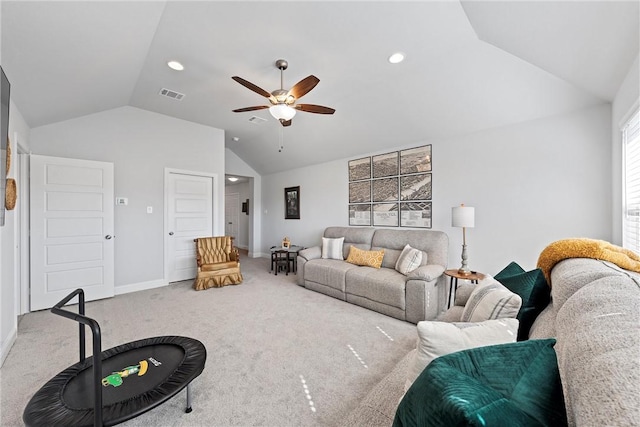 living room featuring carpet flooring, ceiling fan, and lofted ceiling