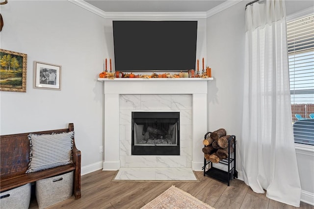 interior details with a tile fireplace, wood-type flooring, and ornamental molding