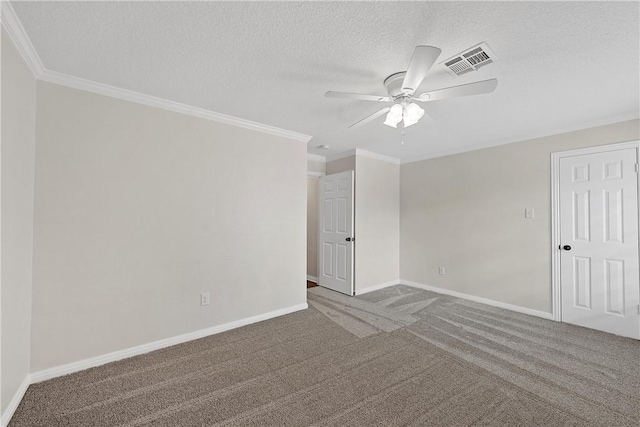 unfurnished room with ceiling fan, crown molding, a textured ceiling, and carpet flooring