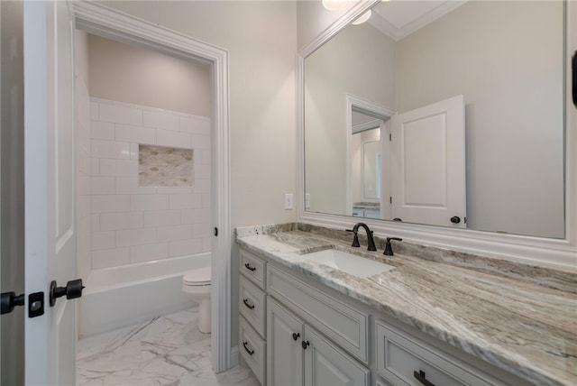 full bathroom with tiled shower / bath, toilet, vanity, and ornamental molding