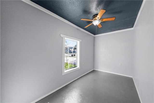 spare room featuring ceiling fan, ornamental molding, and a textured ceiling