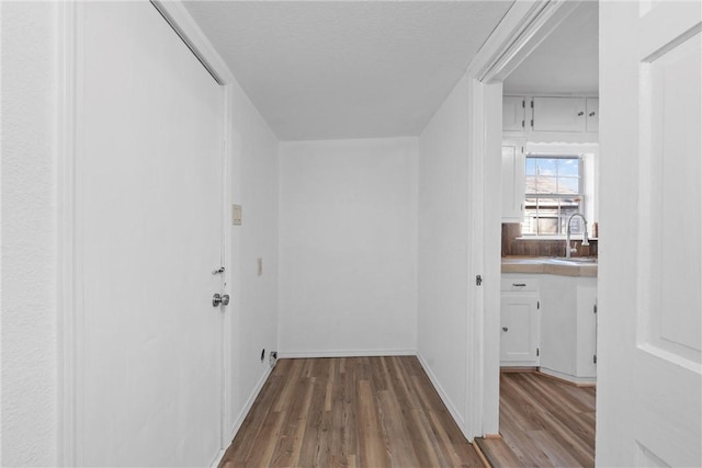 hallway with wood-type flooring and sink