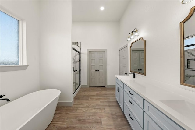 bathroom featuring hardwood / wood-style floors, vanity, and separate shower and tub