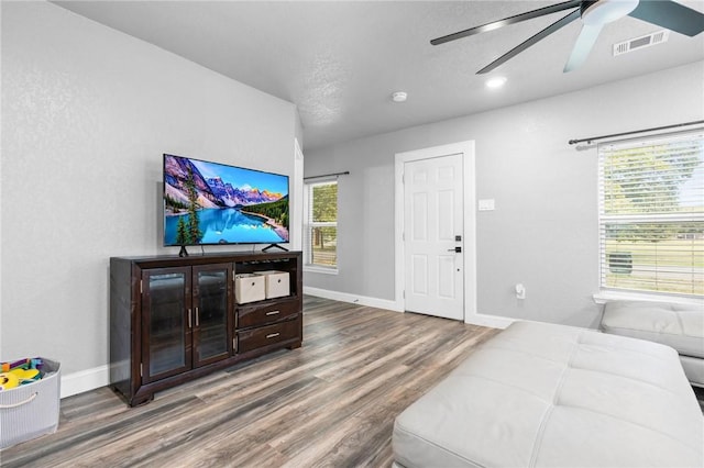 living room with a wealth of natural light, hardwood / wood-style floors, and ceiling fan