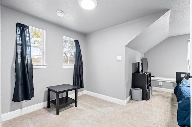 interior space with a textured ceiling, light colored carpet, and lofted ceiling