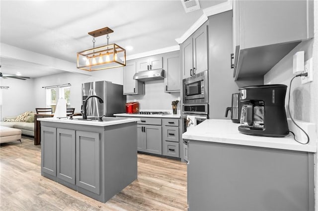 kitchen featuring gray cabinets, light hardwood / wood-style floors, hanging light fixtures, and appliances with stainless steel finishes