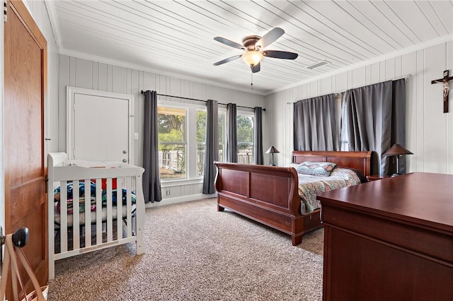 bedroom with carpet flooring, ceiling fan, and wood ceiling