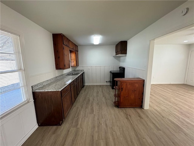 kitchen with light hardwood / wood-style flooring, dark brown cabinetry, and black / electric stove