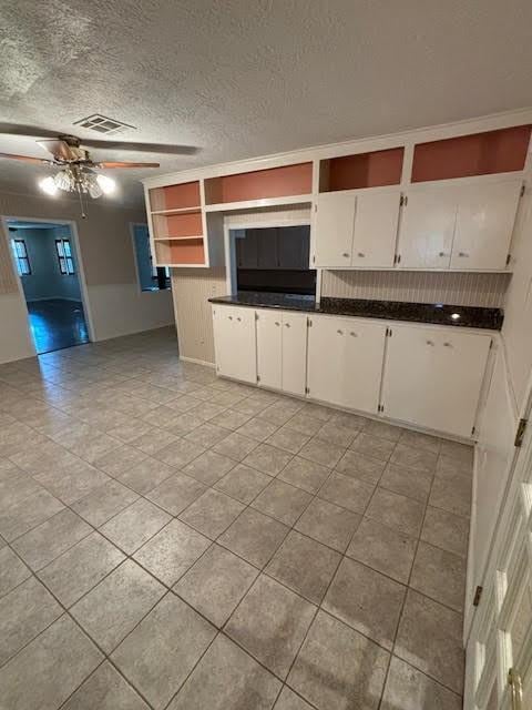 kitchen with white cabinets, a textured ceiling, and ceiling fan