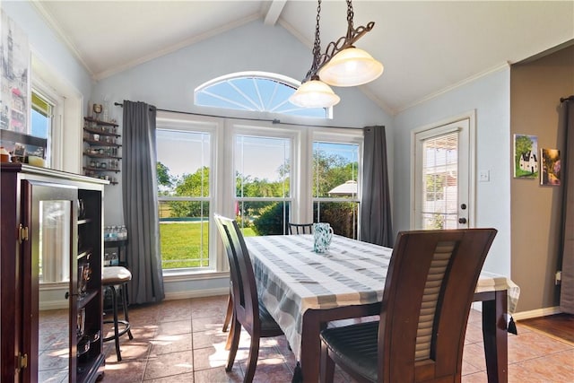 dining area featuring vaulted ceiling with beams, light tile patterned floors, a healthy amount of sunlight, and ornamental molding