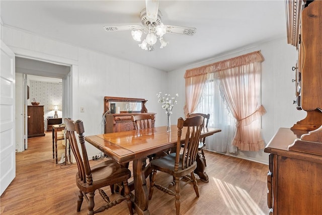 dining space with light hardwood / wood-style flooring and ceiling fan