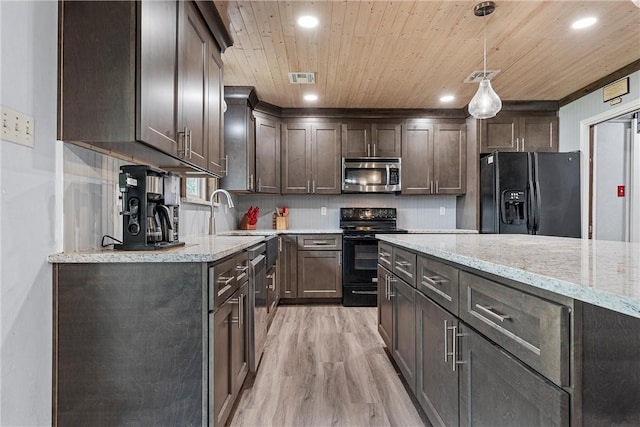 kitchen featuring wood ceiling, dark brown cabinetry, tasteful backsplash, black appliances, and decorative light fixtures