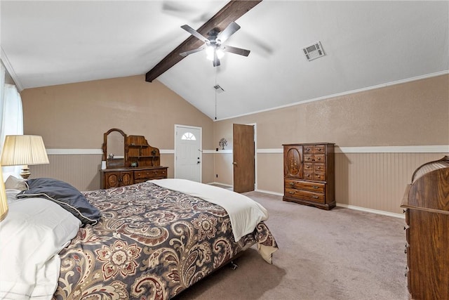 bedroom with light carpet, lofted ceiling with beams, and ceiling fan