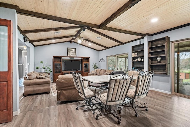 dining room with vaulted ceiling with beams, wooden ceiling, ceiling fan, and light hardwood / wood-style flooring