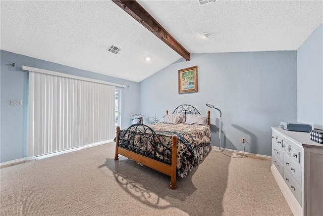 carpeted bedroom featuring a textured ceiling and vaulted ceiling with beams