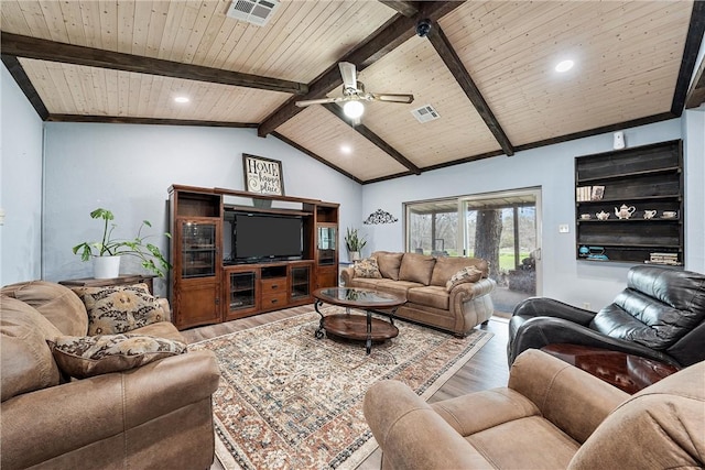 living room featuring hardwood / wood-style flooring, ceiling fan, wood ceiling, and vaulted ceiling with beams