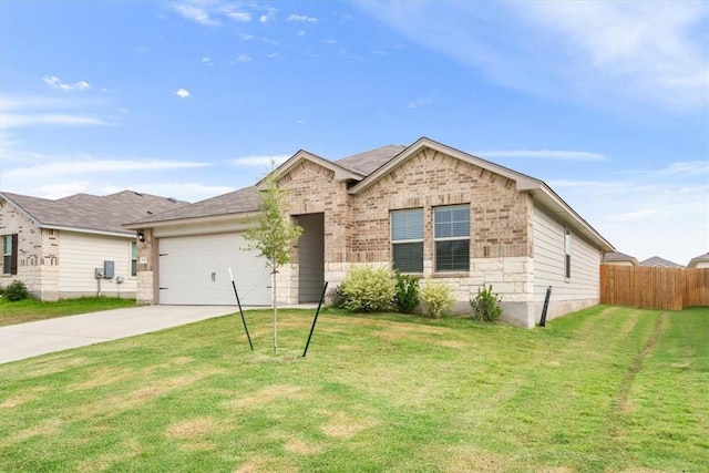 single story home featuring a front yard and a garage