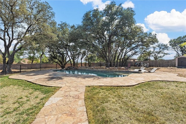 view of swimming pool featuring a yard, a patio, and a storage unit