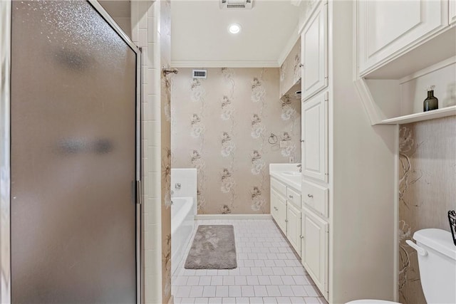 full bathroom with vanity, plus walk in shower, tile patterned floors, crown molding, and toilet