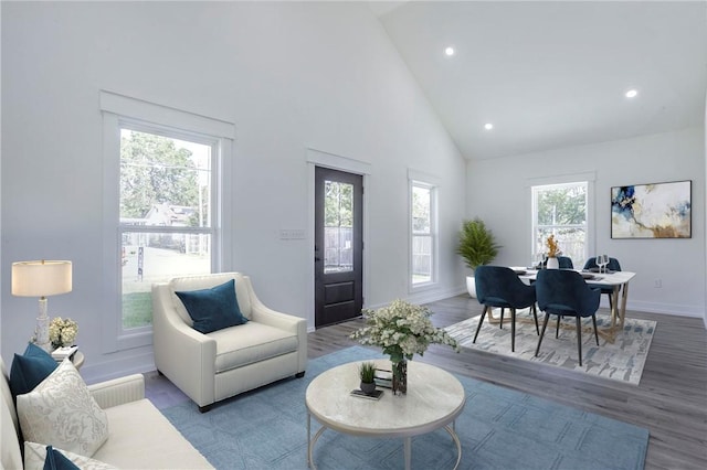 living room with a wealth of natural light, light hardwood / wood-style flooring, and high vaulted ceiling