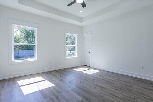 unfurnished room featuring dark hardwood / wood-style flooring, a raised ceiling, ceiling fan, and a healthy amount of sunlight