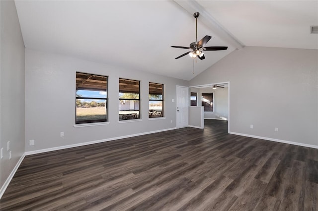 unfurnished living room featuring lofted ceiling with beams, ceiling fan, and dark wood-type flooring