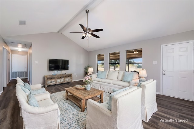 living room featuring ceiling fan, lofted ceiling with beams, and dark hardwood / wood-style floors