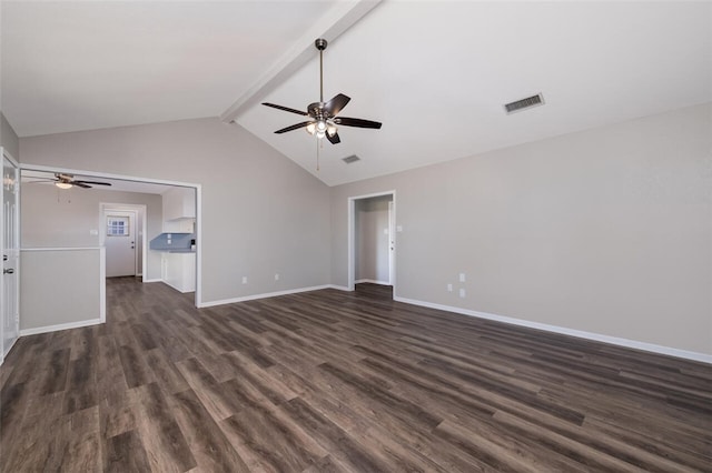 interior space with beam ceiling, high vaulted ceiling, ceiling fan, and dark wood-type flooring