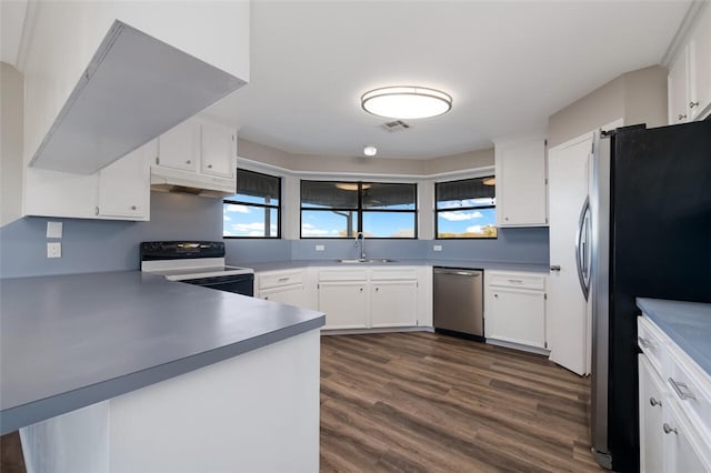 kitchen with kitchen peninsula, stainless steel appliances, dark wood-type flooring, sink, and white cabinetry