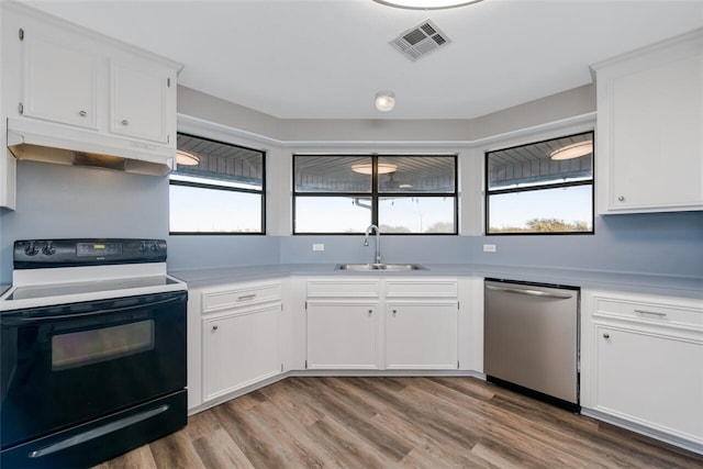 kitchen with white cabinets, sink, electric range, stainless steel dishwasher, and a healthy amount of sunlight