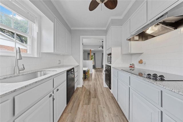 kitchen with white cabinetry, ventilation hood, light hardwood / wood-style floors, decorative backsplash, and black appliances