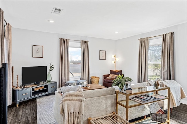 living room featuring dark hardwood / wood-style flooring and a healthy amount of sunlight