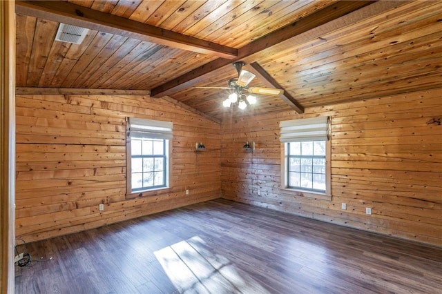 unfurnished room with wood ceiling, a healthy amount of sunlight, and dark hardwood / wood-style floors