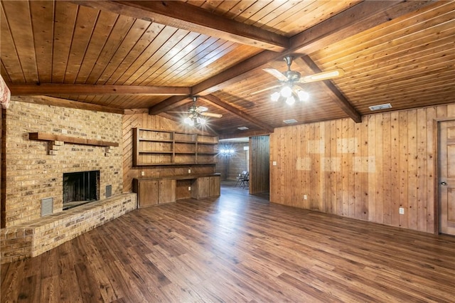 unfurnished living room with ceiling fan, dark hardwood / wood-style floors, wooden walls, and a fireplace